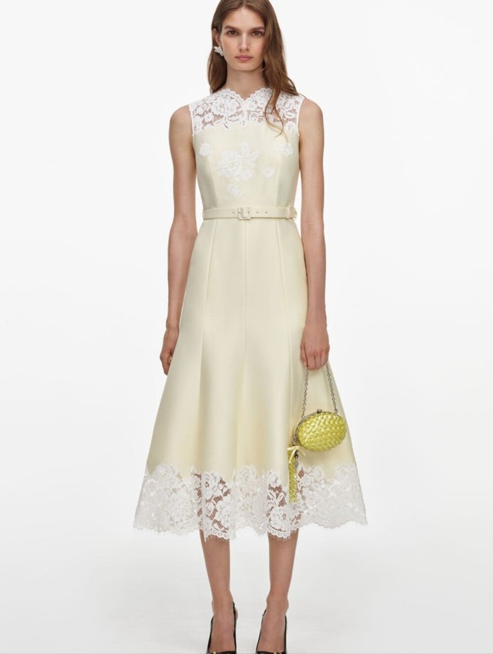 Self Portrait Yellow Taffeta Lace Midi Dress